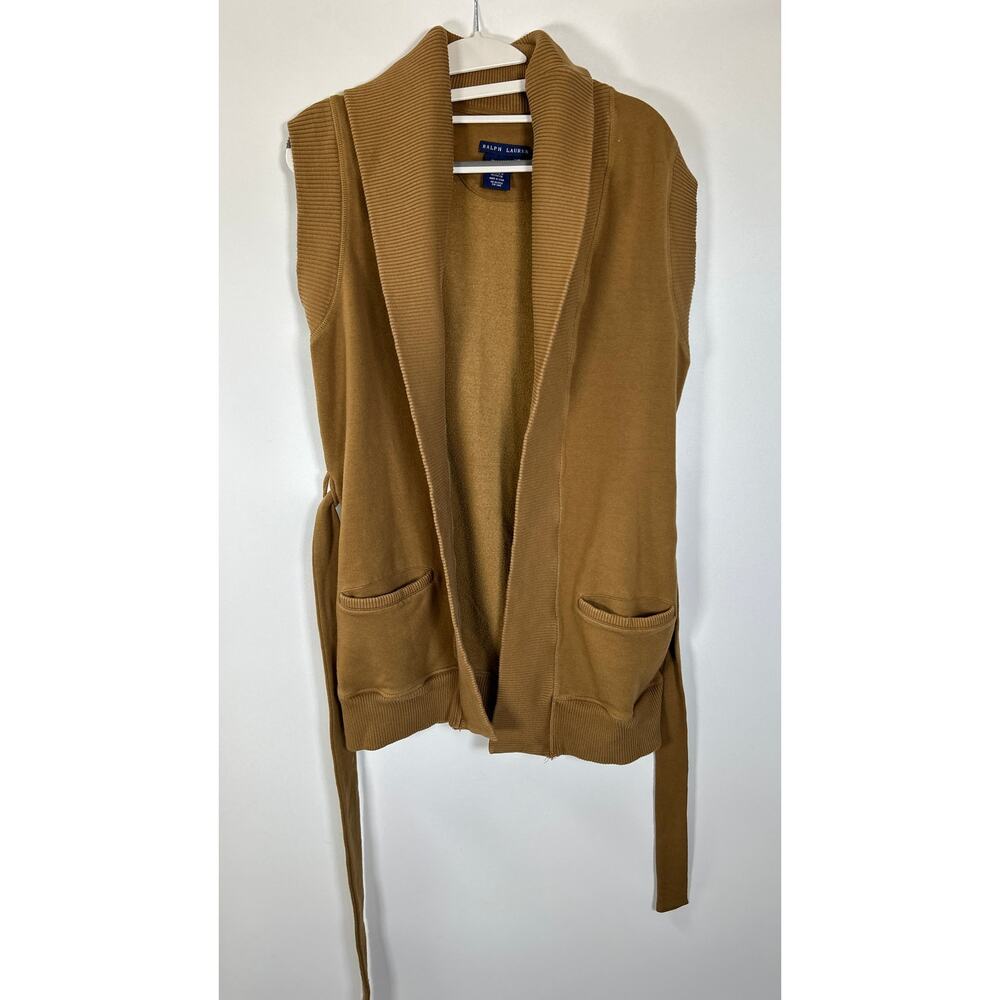 Ralph Lauren XS Brown Carmel Tan Cardigan Vest Tie Wrap Preppy Quiet Luxury Chic